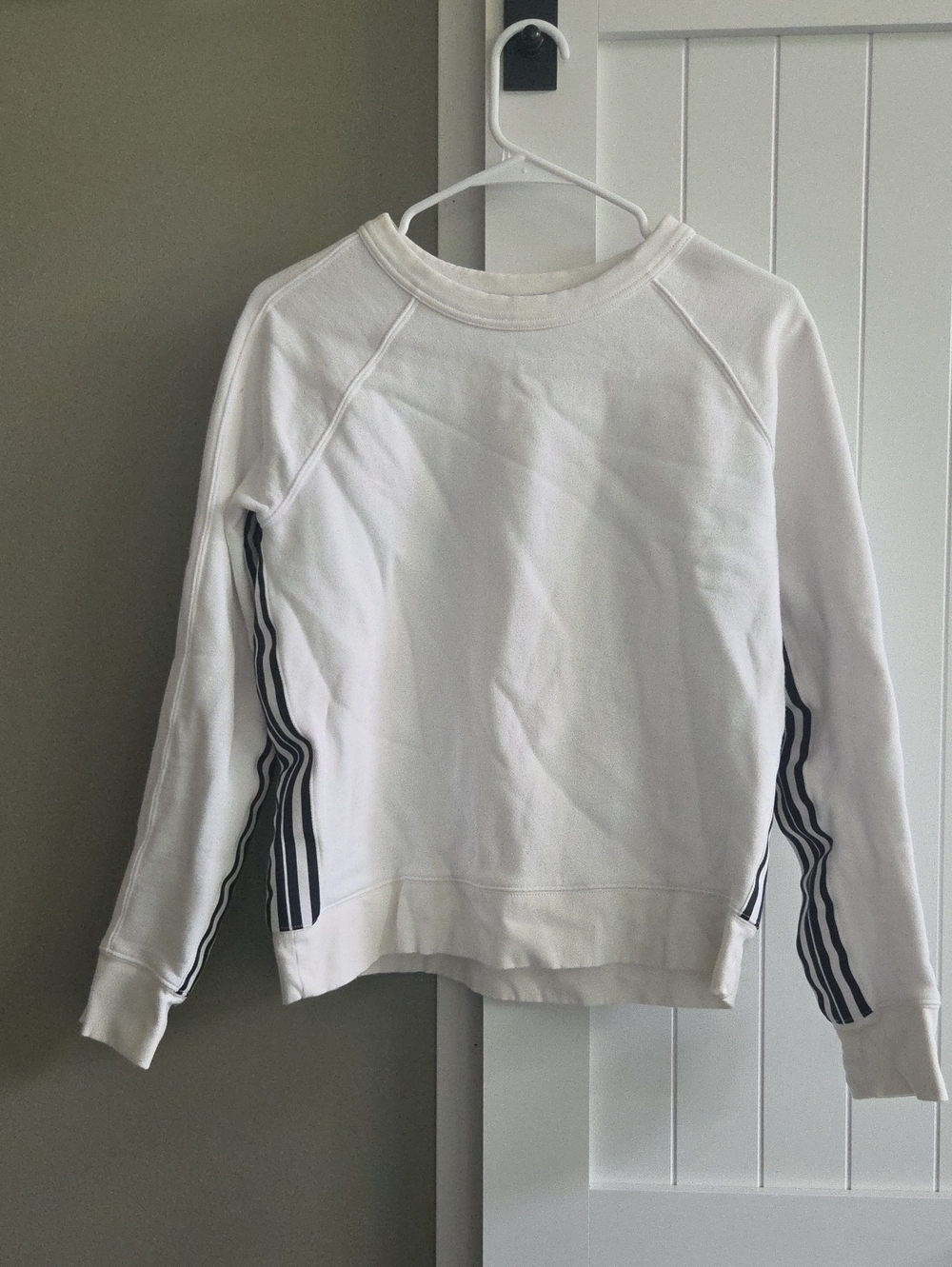 Athleta White Crewneck Sweater with Black Stripe Accents